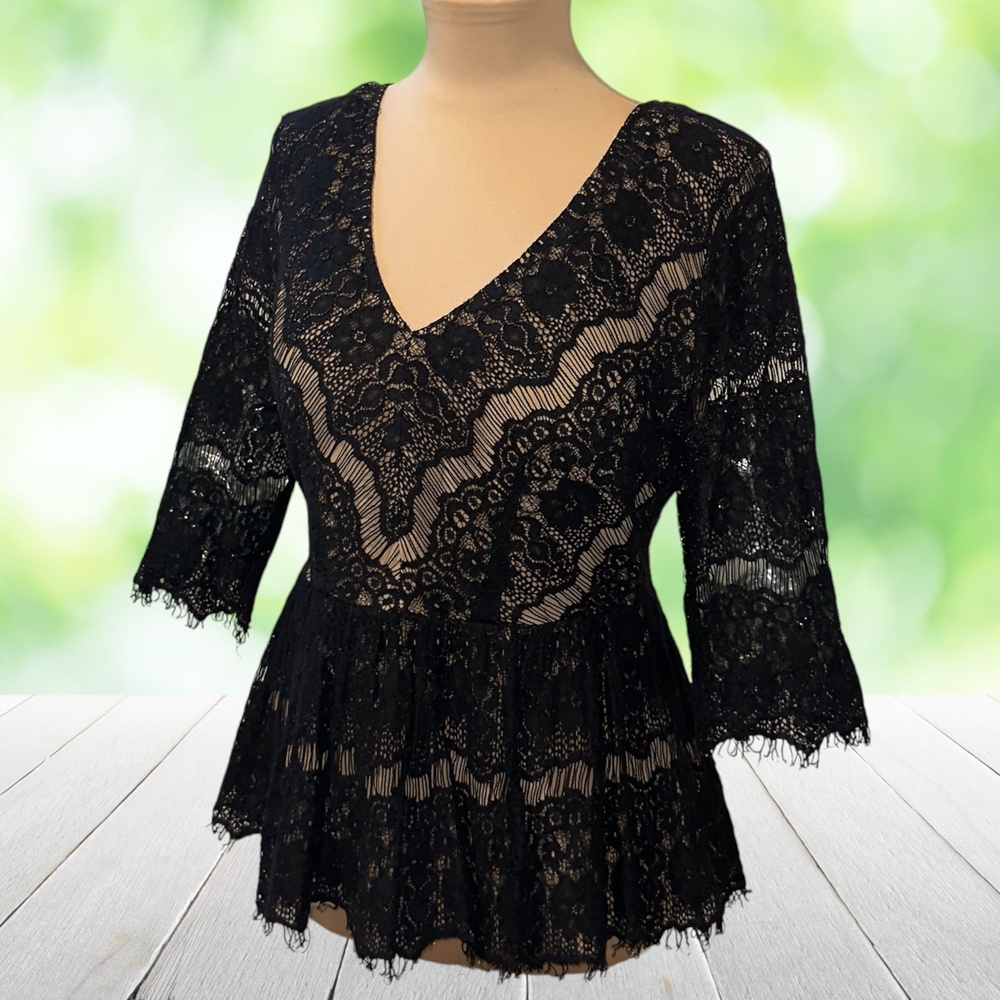 MAEVE Lace Peplum Blouse Sheer V Neck 3/4 Sleeve Black Beige Lined Coquette Sz M